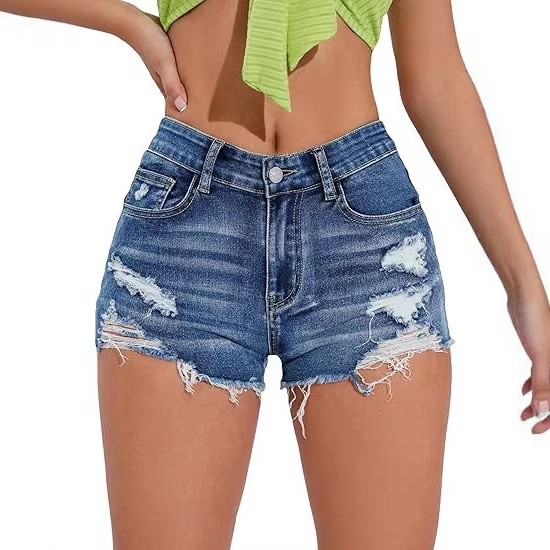 Shorts Denim Frayed - Dames high waist distressed blauwe denim